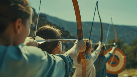 Group of archers in the midst of shooting arrows at targetsの素材