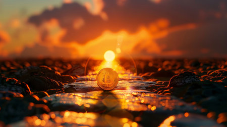 Bitcoin coin on the sunset background. Cryptocurrency concept. Digital currencyの素材