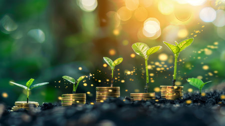 Investment concept, Coins graph stock market, Gold coin stack with green leafの素材