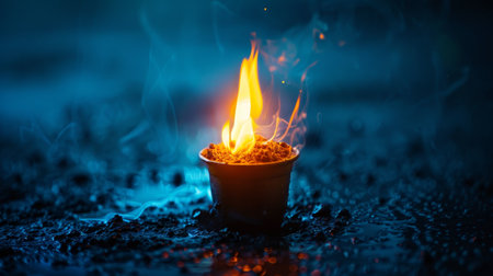 Close-up view of a fire burning within a small, open-top containerの素材