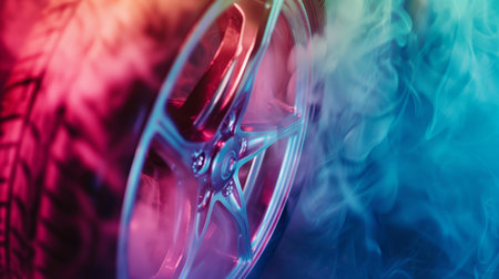 Close up of a car wheel with blue and pink smoke in the backgroundの素材
