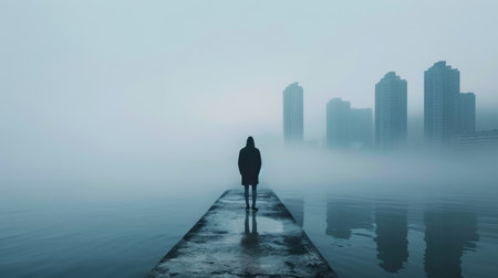 Silhouette of a man walking on the pier in the fogの素材