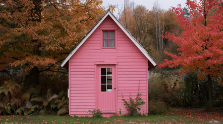 Pink wooden house in the park with colorful autumn leaves in the backgroundの素材