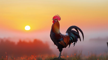 Beautiful rooster in the meadow at sunset. Colorful rooster at sunriseの素材