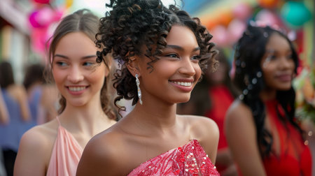Three young women dressed in formal attire at a graduation ballの素材