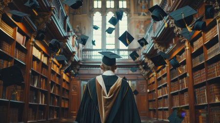 Young man in academic gown and cap with diploma in university libraryの素材
