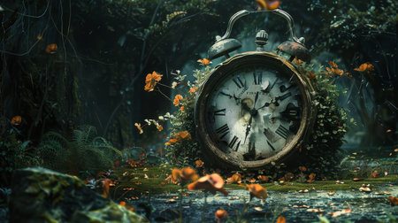 Vintage alarm clock in the autumn forestの素材