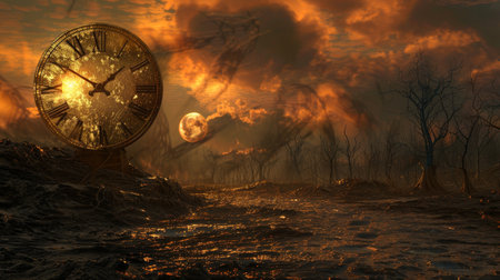 Illustration of a surreal landscape with a clock in the foregroundの素材