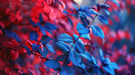 Close up of beautiful red and blue leaves in autumn season. Nature backgroundの素材