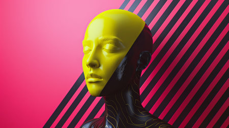 Female cyborg head on a pink backgroundの素材