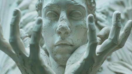 Sculpture of the face of a man with his hands upの素材