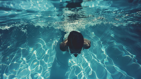 Young woman swimming in the pool. Underwater photo of a girlの素材