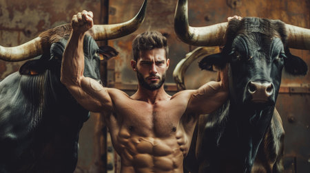 Handsome strong man with muscular body and six packs posing with black bull in stableの素材
