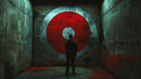 Silhouette of a businessman standing in an underground tunnel and looking at a targetの素材