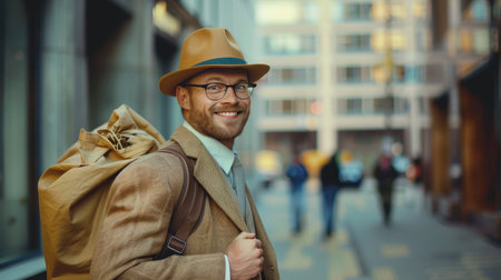 Portrait of a happy man in a hat with a bag in the cityの素材