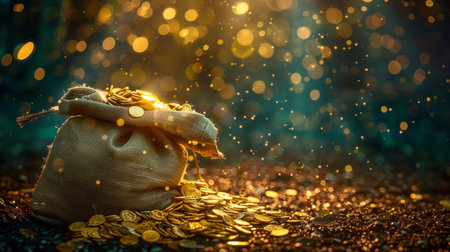 Money bag full of gold coins on bokeh background with copy spaceの素材