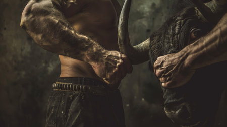 Close-up of a muscular man's torso and arm, with his hand gripping the horn of a large, dark bullの素材