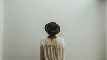Back view of young woman in white shirt and black hat on white wallの素材