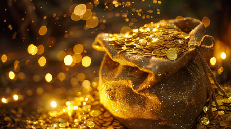 Golden coins in a bag with bokeh lights on backgroundの素材