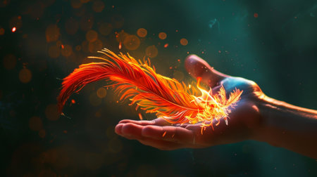 Feather in human hand, close-up. Conceptual image of freedomの素材