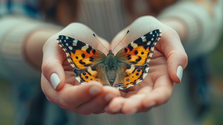 Butterfly in the hands of a girl. Selective focusの素材