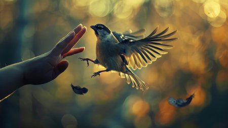 Bird, specifically a small songbird with a gray and brown plumage and a black eye stripe, taking flight from a human handの素材