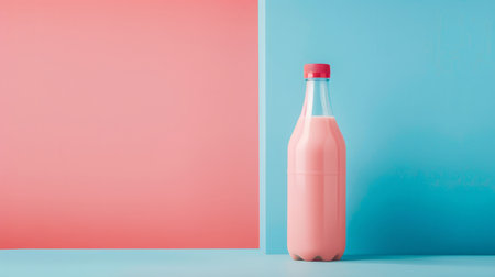Pink bottle of milk on blue and pink background with copy spaceの素材