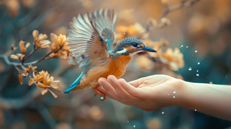 Female hand holding a Kingfisher (Alcedo atthis)の素材