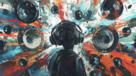 Young man with headphones listening to musicの素材