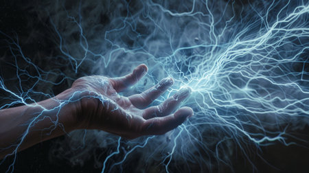 Close up of human hand holding lightning bolt on dark background 3D renderingの素材