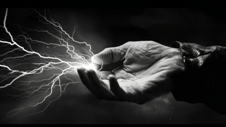 Conceptual image of human hand holding lightning bolt in dark backgroundの素材