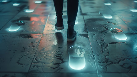 Close-up of female legs walking on wet floor with neon lightsの素材