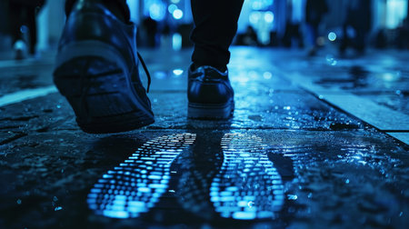 Male feet in sneakers on wet street at night. Shallow depth of fieldの素材