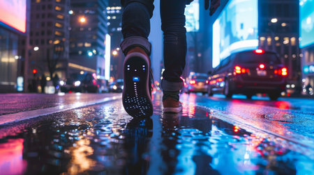 Woman walking on wet road at night, closeup of feetの素材