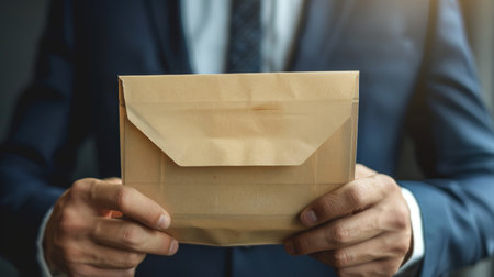 Businessman holding a brown envelope in the office, close-upの素材