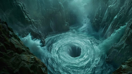 Aerial view of a waterfall flowing through a gorge in the mountainsの素材