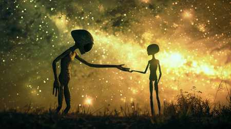 Silhouette of a man and a woman holding hands on the background of the night skyの素材