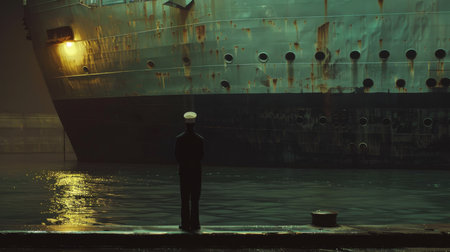 Silhouette of a man standing in front of a ship.の素材