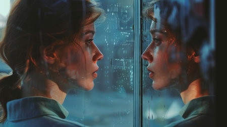 Young couple looking through the window at a big city. Close up.の素材