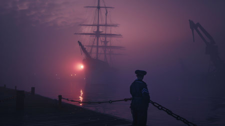 Sailing ship in the fog on the pier. Selective focus.の素材
