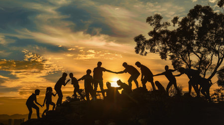 Silhouette of group of people working together on the mountain at sunsetの素材