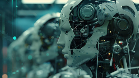 3d rendering humanoid robot heads in spaceship interior. Futuristic technology conceptの素材