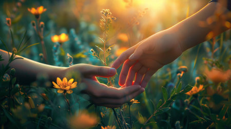Two hands holding a yellow flower in the meadow at sunset.の素材