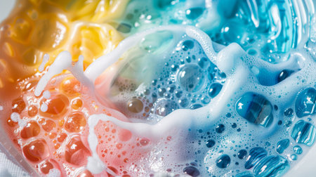 Soap foam with bubbles close-up. Colorful abstract backgroundの素材