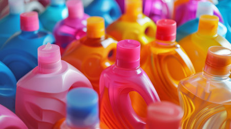 Plastic bottles of detergent, cleaning products, close-upの素材