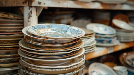 Ceramic plates and bowls for sale at a flea marketの素材