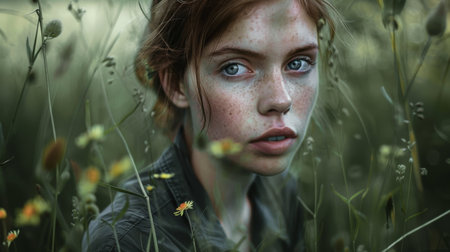 Portrait of a young girl with freckles on her faceの素材