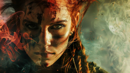 Close-up portrait of a beautiful young woman with red hair and smoke on her faceの素材