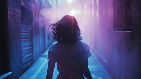 Young beautiful Asian woman walking in the city street at night.の素材