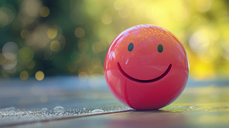 Smiling red ball on a wooden table with bokeh backgroundの素材